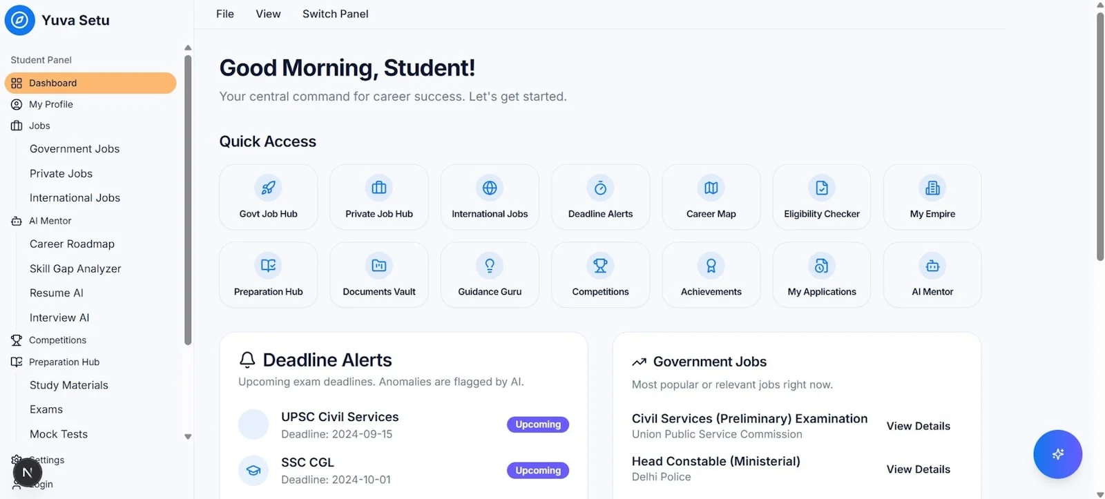 Student dashboard with quick access and alerts. Student dashboard with quick access and alerts.