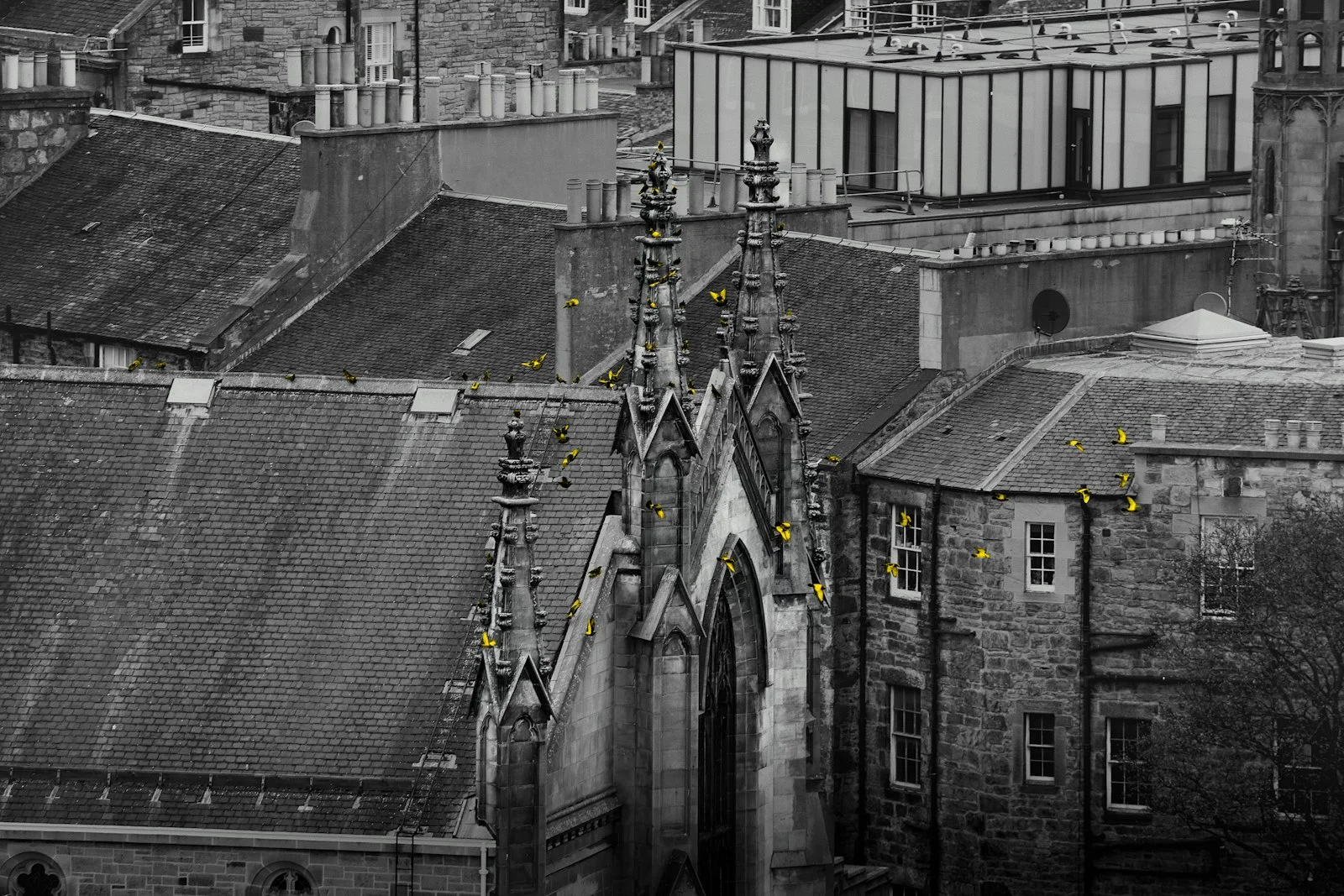 Gothic architecture with selective yellow color highlights